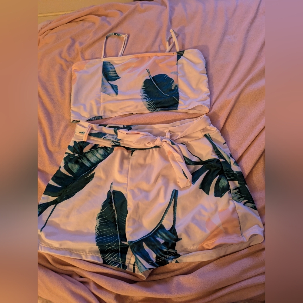 Tropical Leaf Print Two-Piece Swim Set